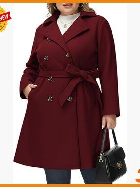 Plus Size Wool Pea Coat with Belt, Double Breasted Trench Winter Outerwear